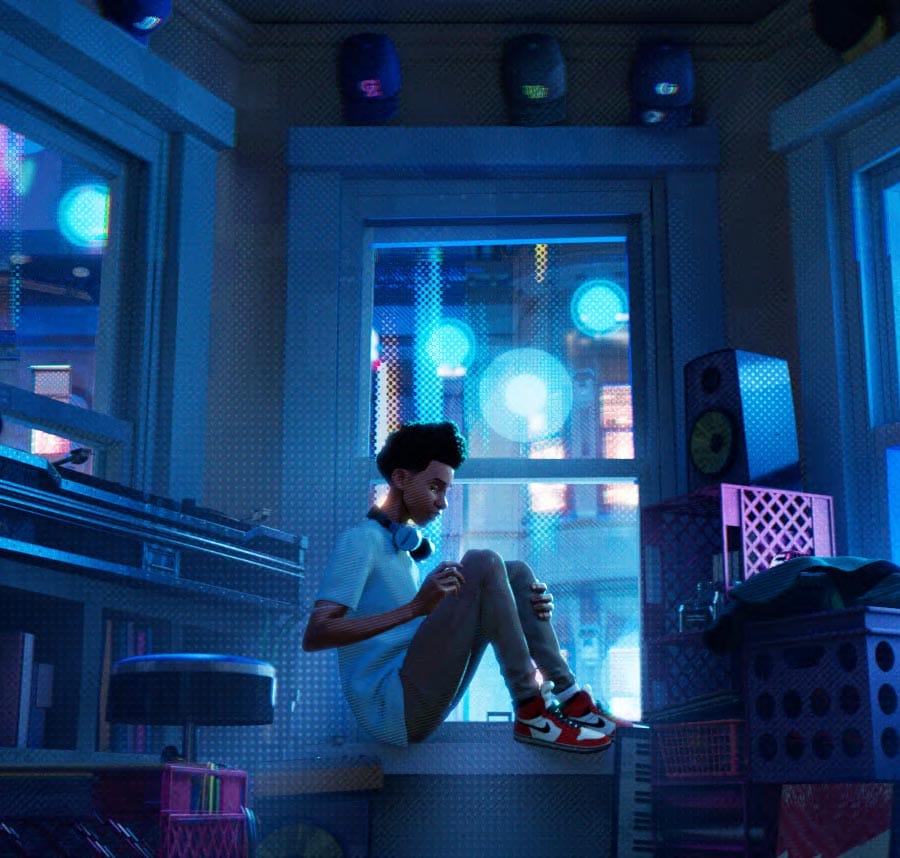 An animated scene featuring a young man with headphones around his neck, sitting in a window seat and looking contemplatively outside. The room is filled with vibrant blue lighting and various musical equipment, including speakers and a keyboard, creating a modern and creative atmosphere.