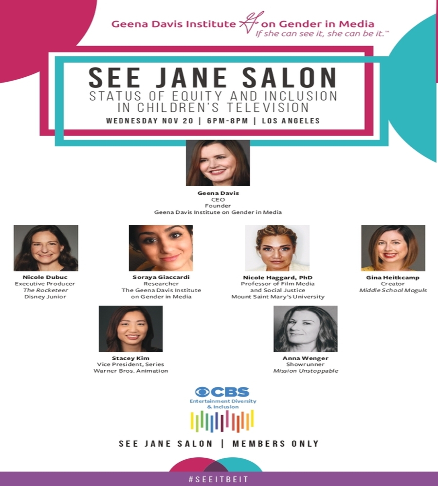 Event flyer for the See Jane Salon held on November 20 in Los Angeles, featuring Geena Davis and several other panelists focused on equity in children's television.