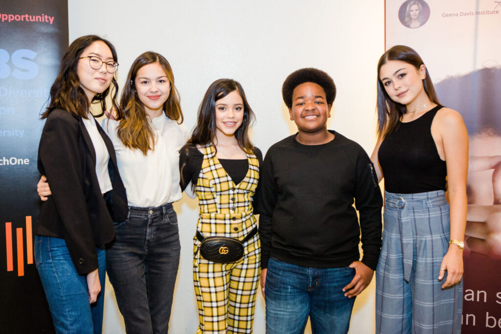 Madison Hu, Mika Abdalla, Jenna Ortega, Keith Williams, and Olivia Rodrigo at a Geena Davis Institute CBS Entertainment panel on Generation Z and media representation.