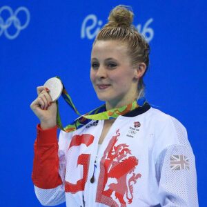 Siobhan-Marie O’Connor, Olympic swimmer and coach for Disney’s Young Woman and the Sea, holding her Rio 2016 silver medal