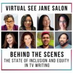 A collage of eight diverse individuals featured in a virtual panel titled “Behind the Scenes: The State of Inclusion and Equity in TV Writing.”