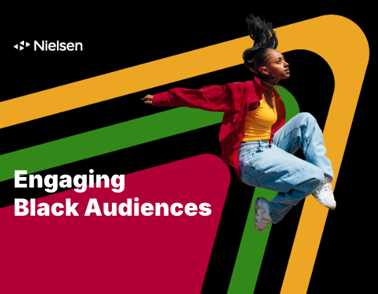 A young Black woman with natural hair, wearing a red jacket, yellow top, and blue jeans, jumps mid-air against a black background with bold, colorful geometric lines in green, red, and yellow. The text "Engaging Black Audiences" appears prominently in white.