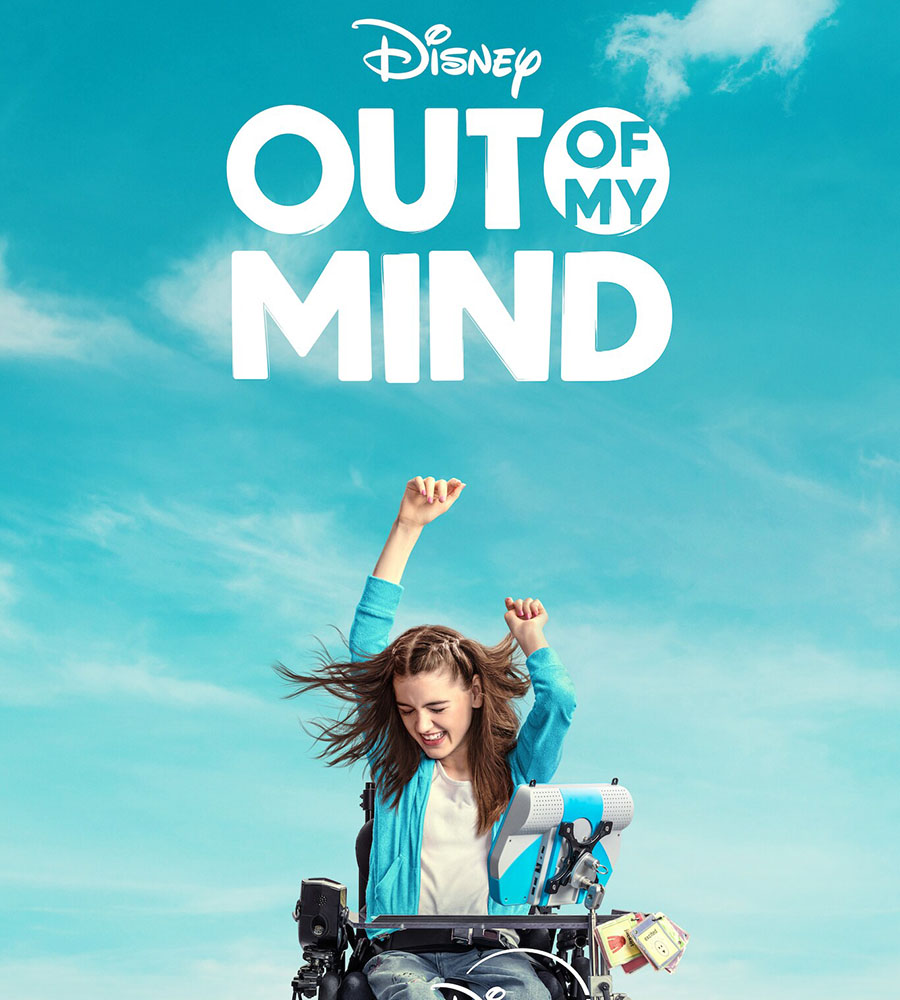 Poster for Disney's Out of My Mind featuring a joyful girl in a wheelchair with her arms raised against a bright blue sky.