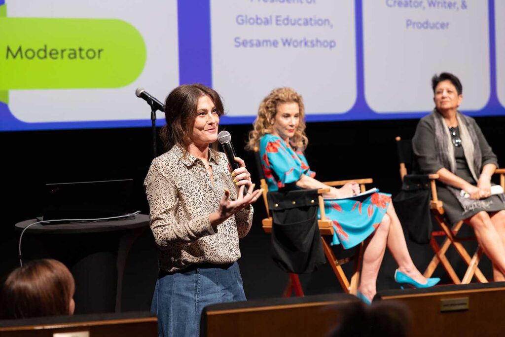 Dr. Meredith Conroy speaks on stage during the 2025 State of Representation in Children’s TV Report event hosted by the Geena Davis Institute.