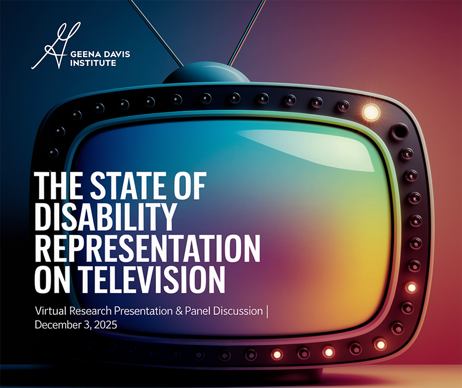 Colorful vintage television with rainbow screen glow and Geena Davis Institute logo, promoting the virtual event “The State of Disability Representation on Television,” December 3, 2025.