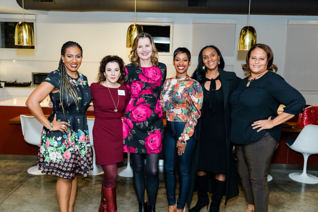 Geena Davis and Madeline Di Nonno with Dr. Tyrha M. Lindsey-Warren, Courtney Parker, Mona Scott Young, Yolonda Brinkley, Kellee Edwards, and Sharon Liggins at the Geena Davis Institute Black History Month event in Los Angeles.