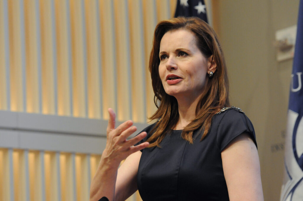 Geena Davis delivers a keynote address on media representation at the 2014 Global Symposium in Washington, D.C.