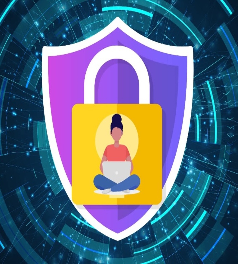 tDigital graphic highlighting inclusive technology pathways, featuring a girl on a laptop inside a padlock icon, framed by a protective shield on a secure tech background.