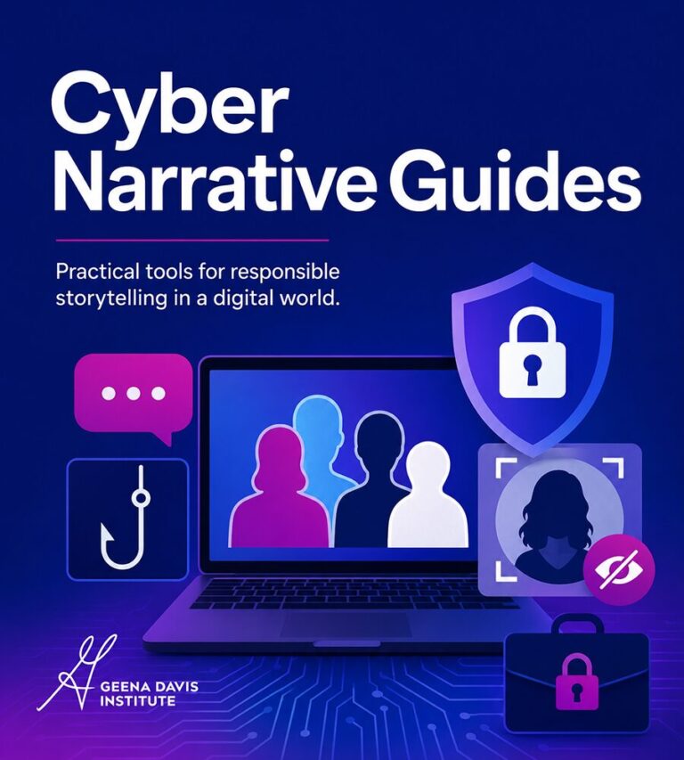 Illustration promoting the Geena Davis Institute's Cyber Narrative Guides, a resource helping screenwriters and producers portray cybersecurity, phishing, deepfakes, and online safety responsibly in film and television.